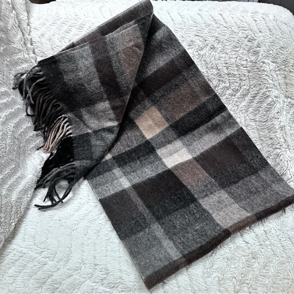 Super Soft Gray, Brown, & Tan Plaid Fringe Winter Scarf Unisex